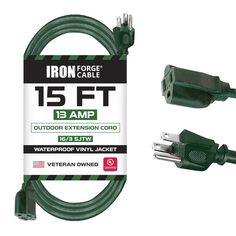Iron Forge Cable Weatherproof 15 Ft Outdoor Extension Cord - 16/3 SJTW Heavy Duty Green Extension Cord 3 Prong - 13 Amp Exterior Power Cable - Image 1